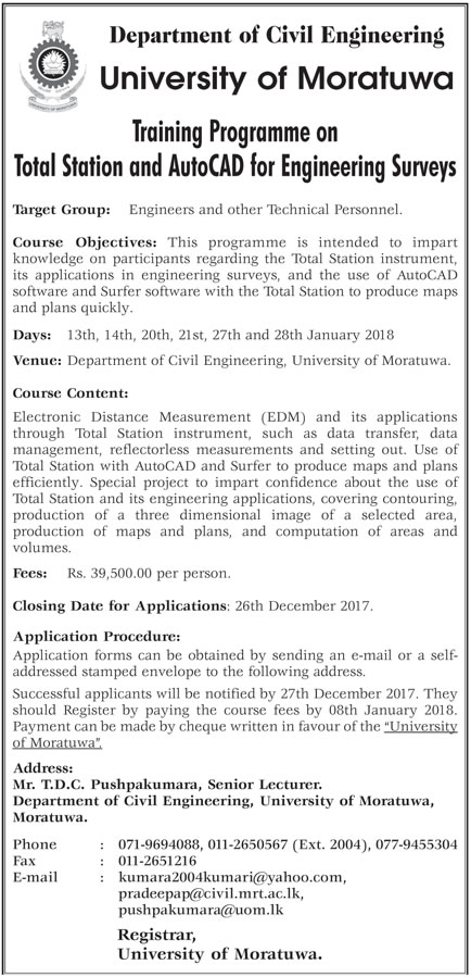 Training Programme on Total Station & AutoCAD for Engineering Surveys - Department of Civil Engineering - University Of Moratuwa